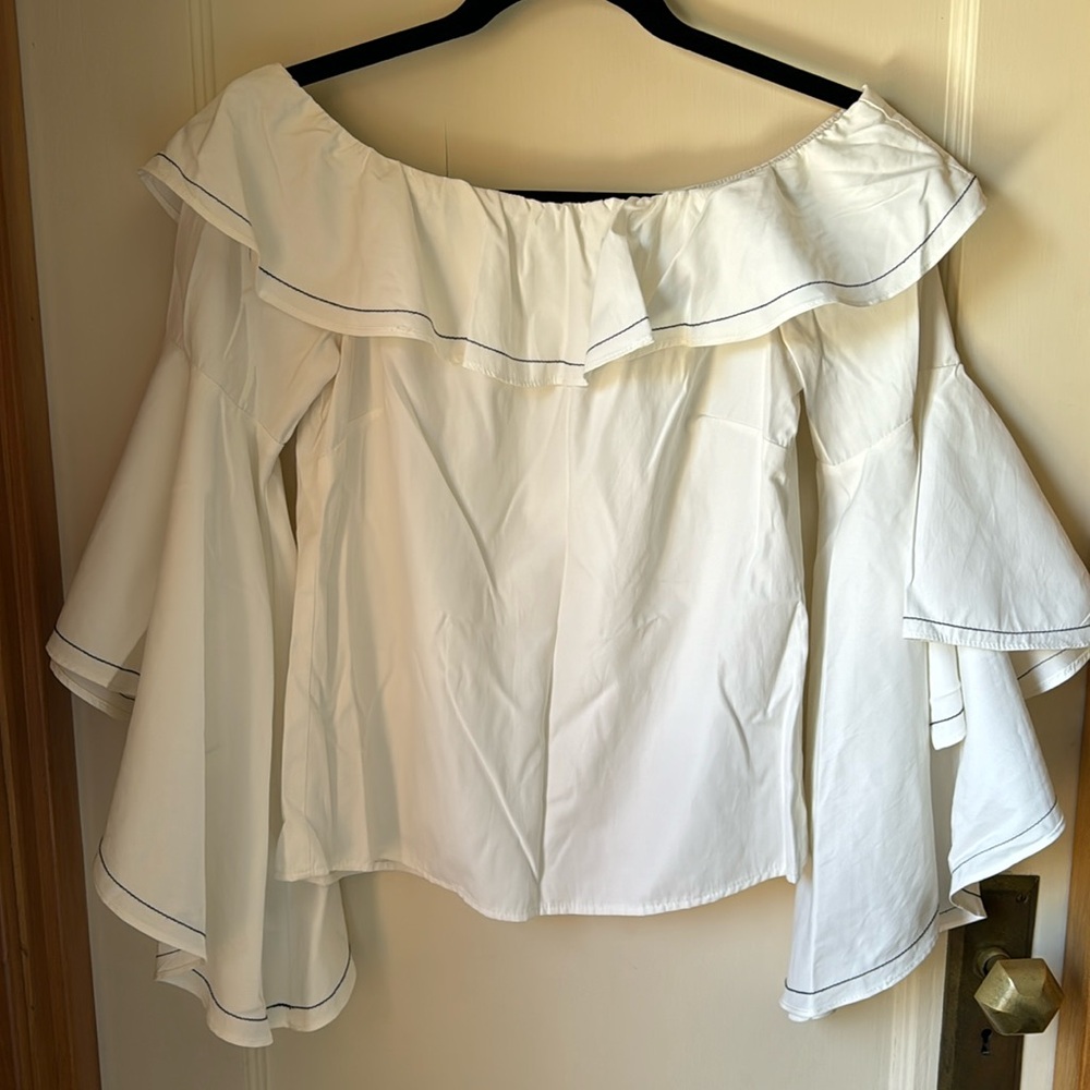 Aqua White Shirt w Bell Sleeves and contrast stitching sz SM